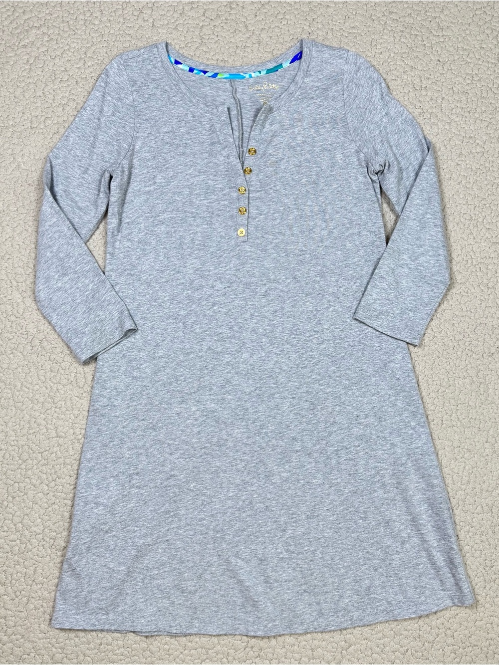 Lilly Pulitzer Banyan Henley 3/4 Sleeve Pima Cotton Knit Dress Gray